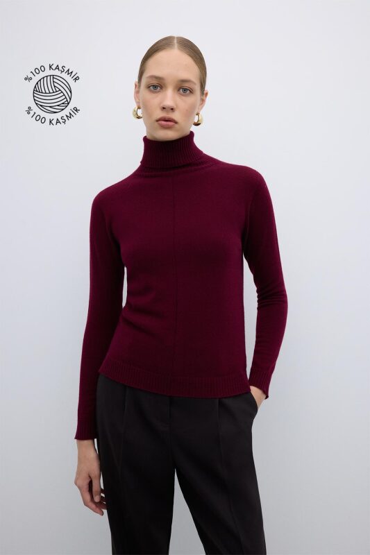 %100 Kaşmir Balıkçı Yaka Triko Bordo - 1