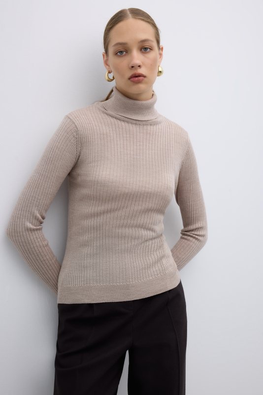 %100 Yün Balıkçı Yaka Triko Bej - 4