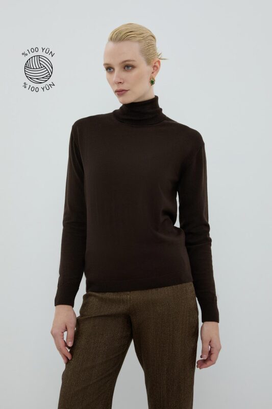 %100 Yün Balıkçı Yaka Triko Kahve - 1