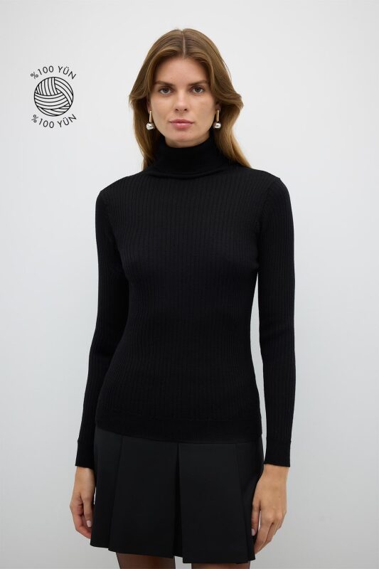 %100 Yün Balıkçı Yaka Triko Siyah - Roman