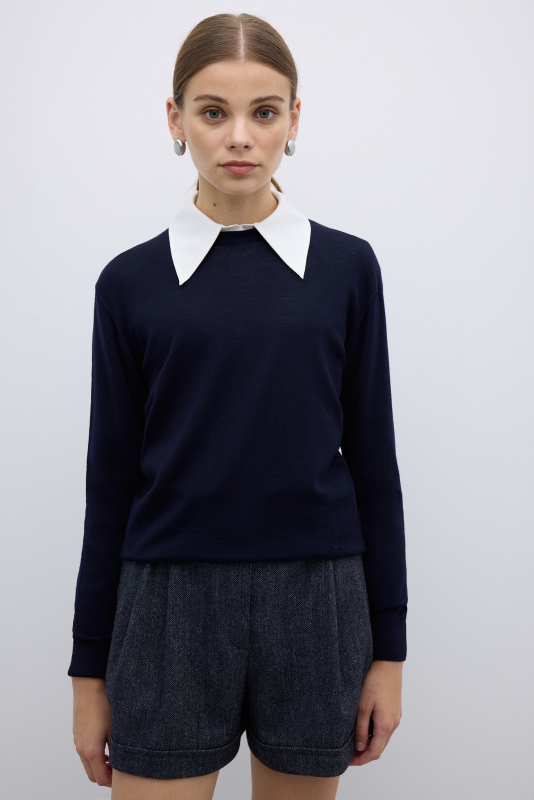 %100 Yün Bisiklet Yaka Triko Lacivert - Roman