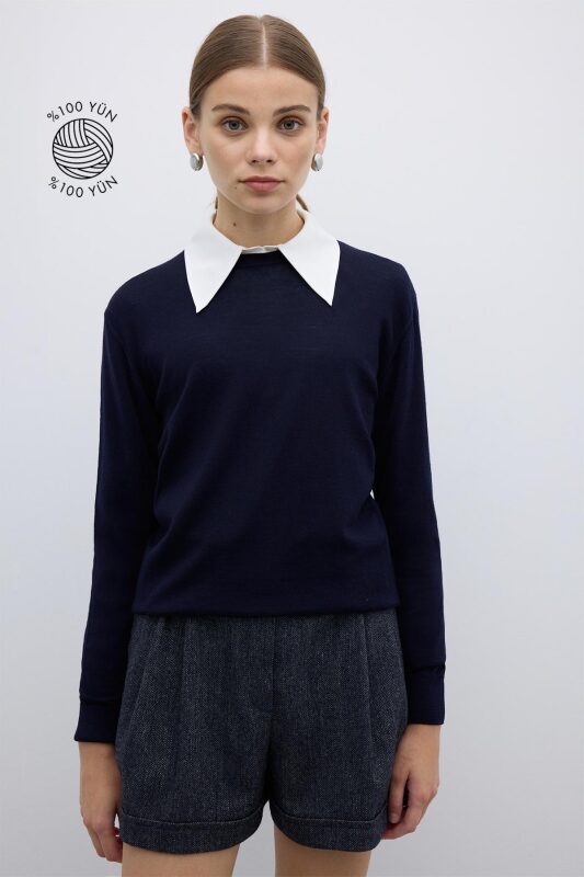 %100 Yün Bisiklet Yaka Triko Lacivert 