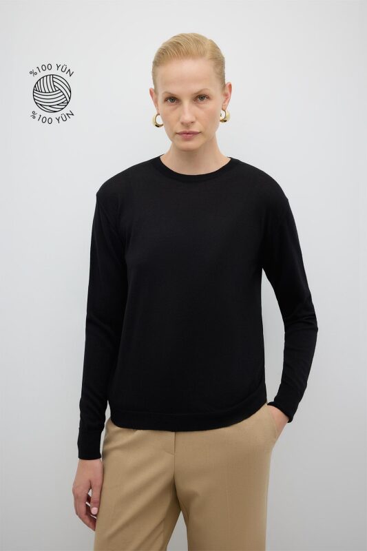 %100 Yün Bisiklet Yaka Triko Siyah - 1
