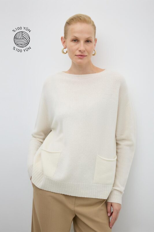 %100 Yün Çift Cepli Triko Kum - Roman