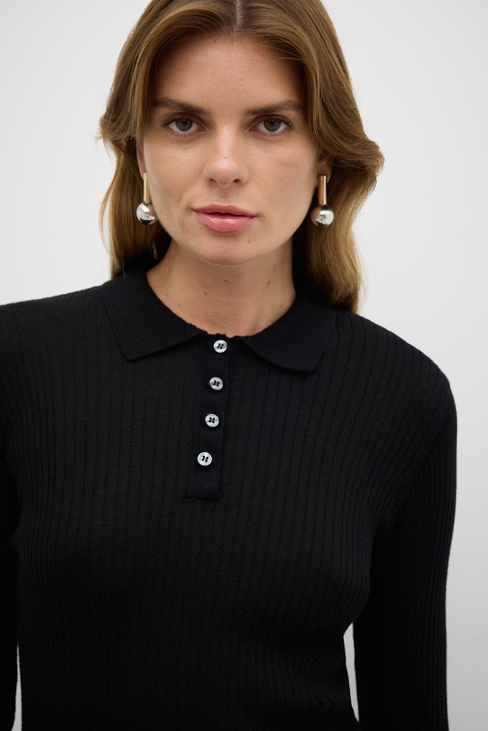 %100 Yün Düğme Detaylı Triko Siyah - 3