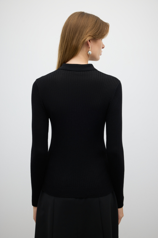 %100 Yün Düğme Detaylı Triko Siyah - 2