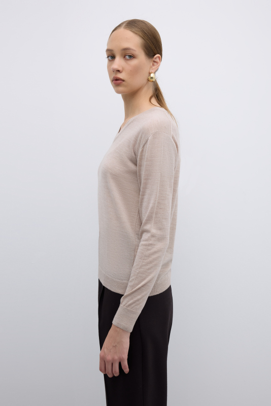 %100 Yün V Yaka Triko Bej - 3