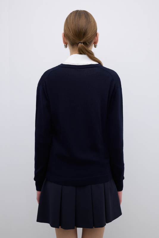 %100 Yün V Yaka Triko Lacivert - 2