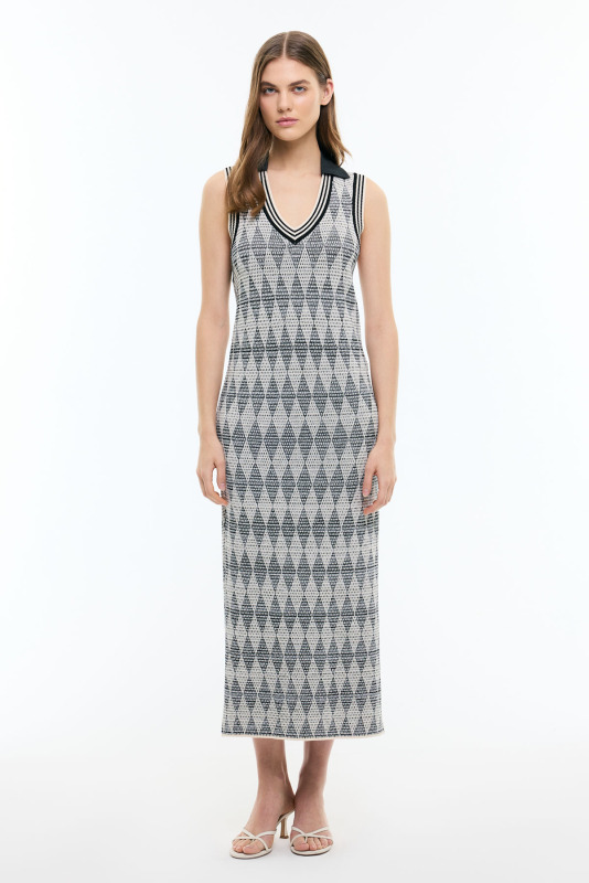 Ajurlu Triko Midi Boy Elbise Siyah-Beyaz - Roman