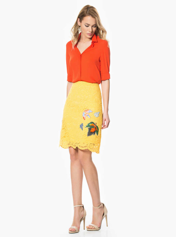 Aplike Detaylı Dantel İşlemeli Midi Etek Sarı - Roman