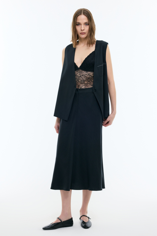 Arka Beli Lastikli Midi Boy Etek Lacivert - Roman