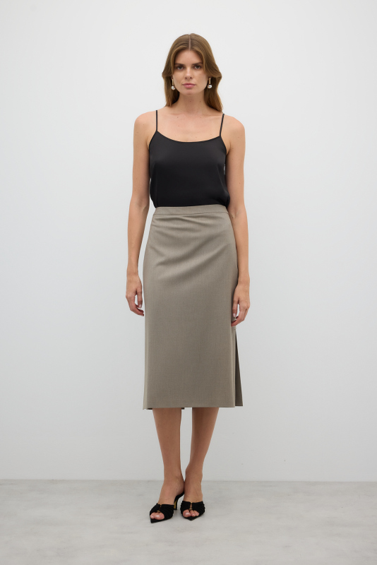 Arkası Pili Detaylı Yün Karışımlı Midi Boy Etek Kum Beji - Roman