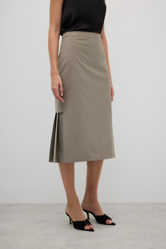 Arkası Pili Detaylı Yün Karışımlı Midi Boy Etek Kum Beji - 3