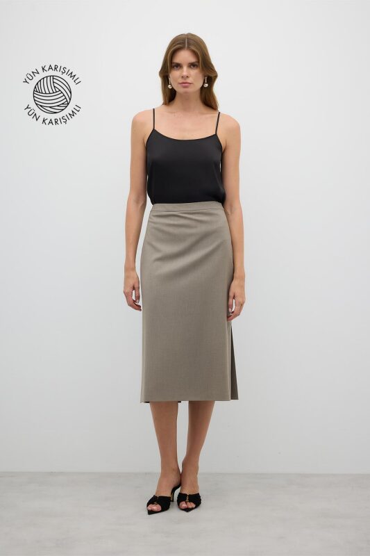 Arkası Pili Detaylı Yün Karışımlı Midi Boy Etek Kum Beji - Roman