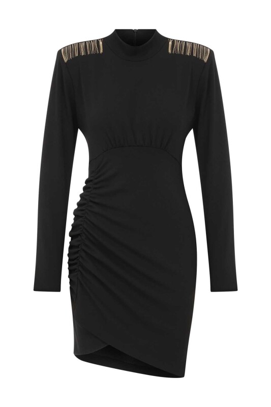  Asimetrik Kesim Mini Elbise Siyah - 4