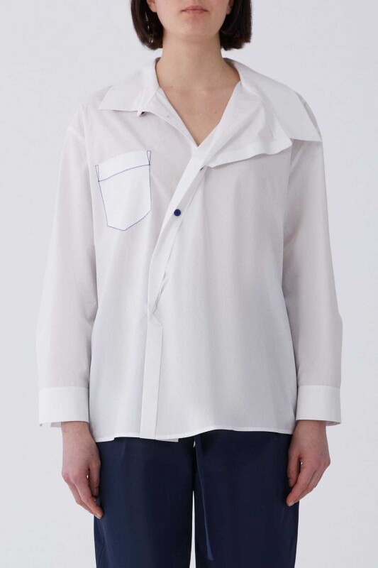 Asimetrik Yaka Cep Detaylı Gömlek Beyaz - 1