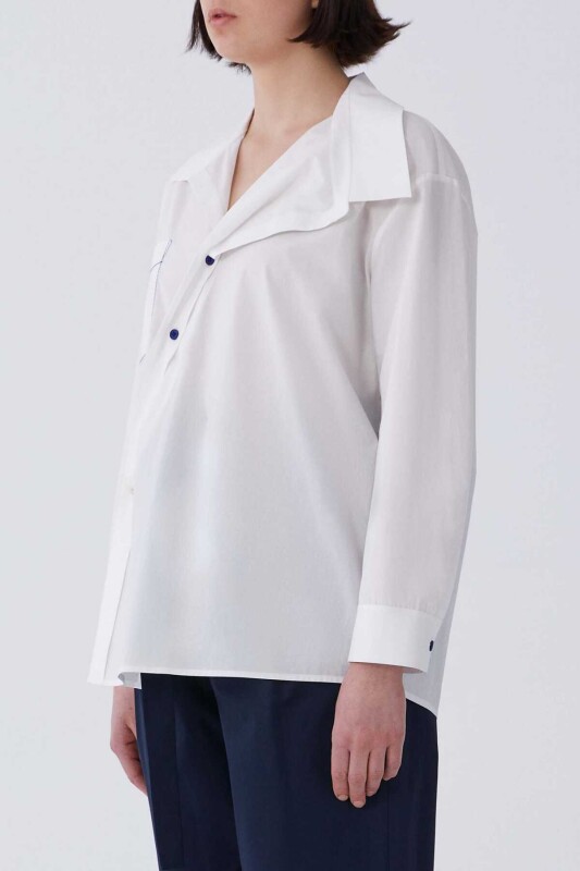 Asimetrik Yaka Cep Detaylı Gömlek Beyaz - 3