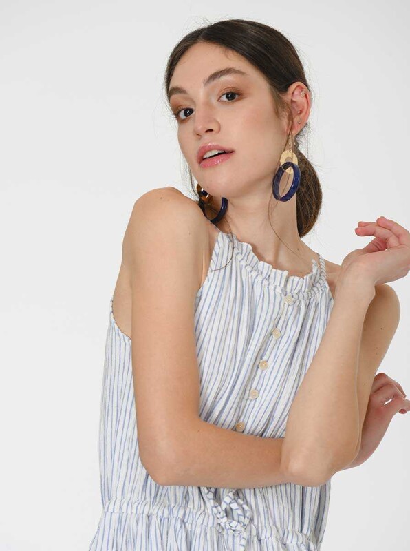 Askılı Çift Renkli Mavi Uzun Elbise Standart Renk - 3