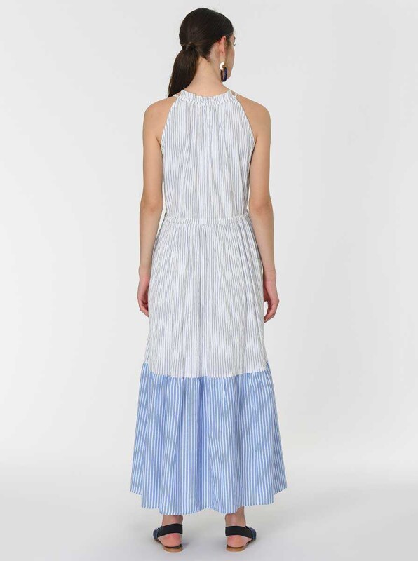 Askılı Çift Renkli Mavi Uzun Elbise Standart Renk - 2