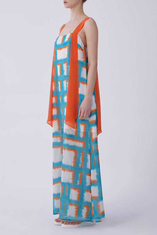 Askılı Empirme Desen Uzun Elbise Standart Renk - 3