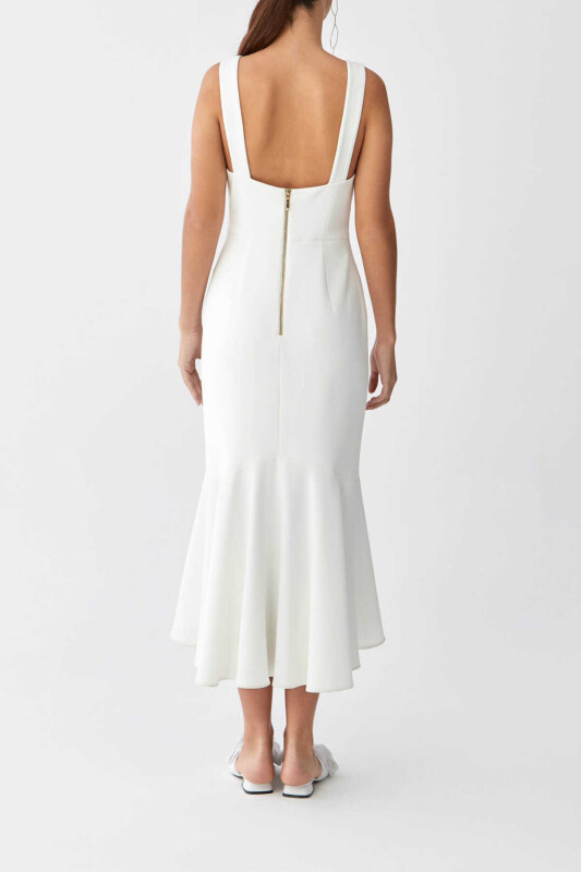 Askılı Gögüs Detaylı Etekleri Volanlı Abiye Elbise Beyaz - 2