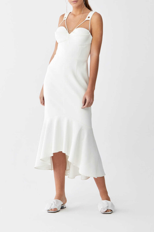 Askılı Gögüs Detaylı Etekleri Volanlı Abiye Elbise Beyaz 