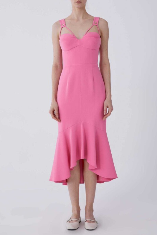 Askılı Gögüs Detaylı Etekleri Volanlı Abiye Elbise Pembe - 1