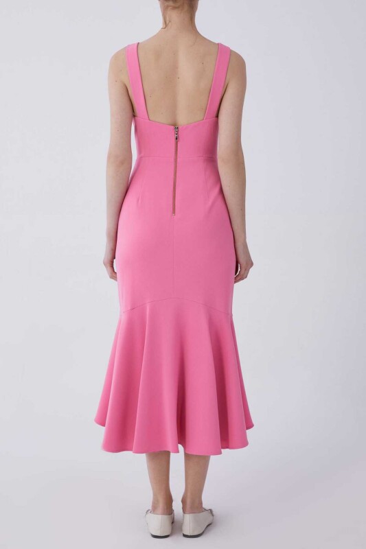 Askılı Gögüs Detaylı Etekleri Volanlı Abiye Elbise Pembe - 2