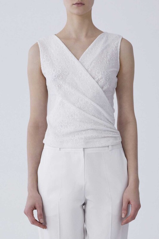 Askılı Kruvaze Dantelli Bluz Beyaz - 1