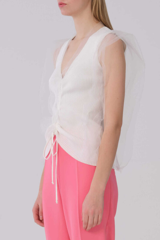 Askılı Önü Büzgülü Tül Detaylı Triko Ekru - 3