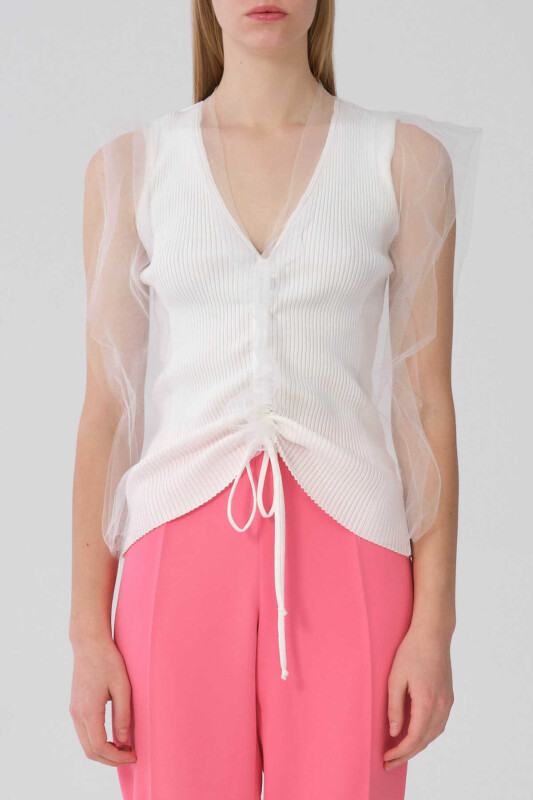 Askılı Önü Büzgülü Tül Detaylı Triko Ekru - 1