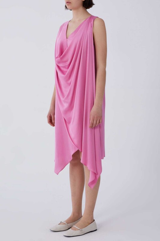 Askılı Önü Volanlı Saten Günlük Elbise Pembe - 3