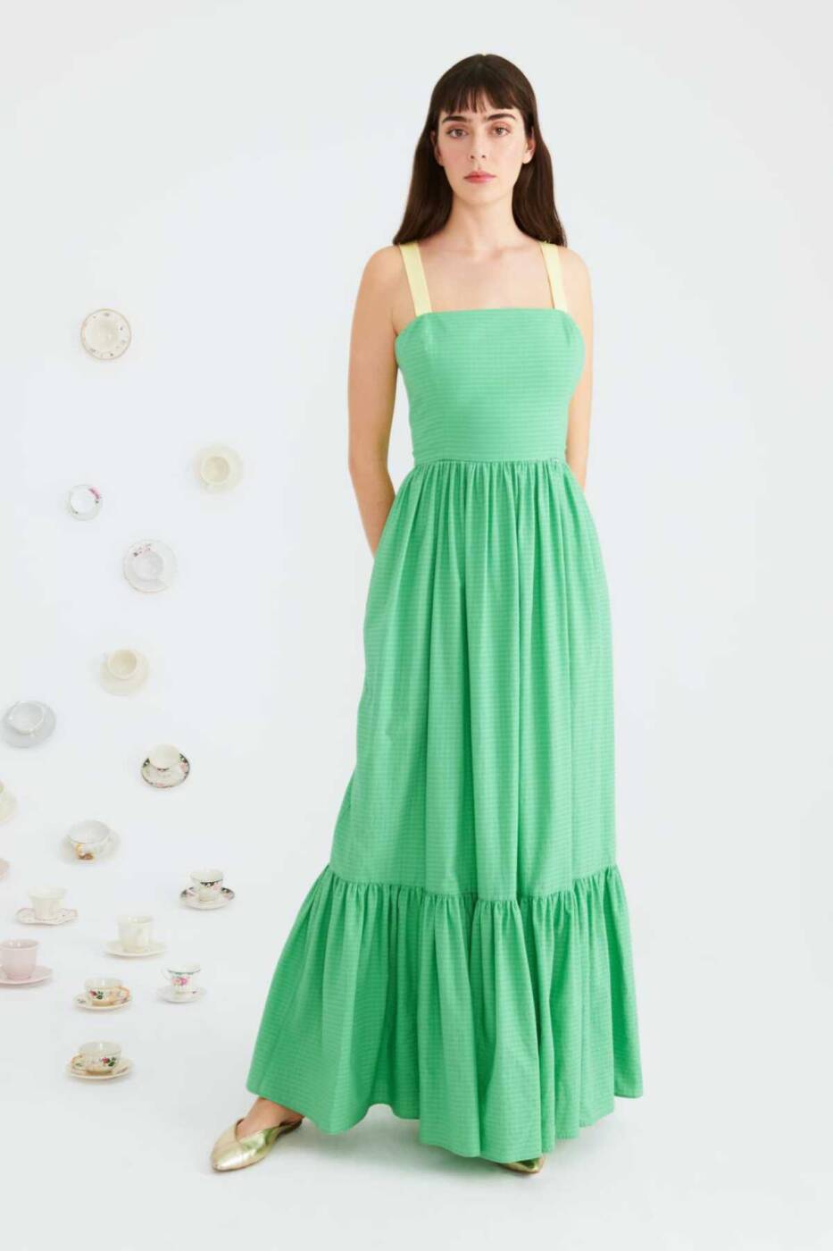 Askılı Piliseli Uzun Elbise Yeşil - 1