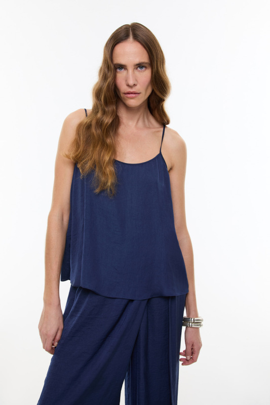 Askılı Saten Bluz Lacivert - Roman