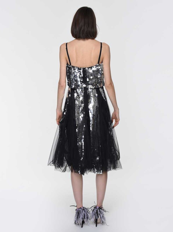 Asklı Payetli Tüllü Gece Elbisesi Gümüş - 2