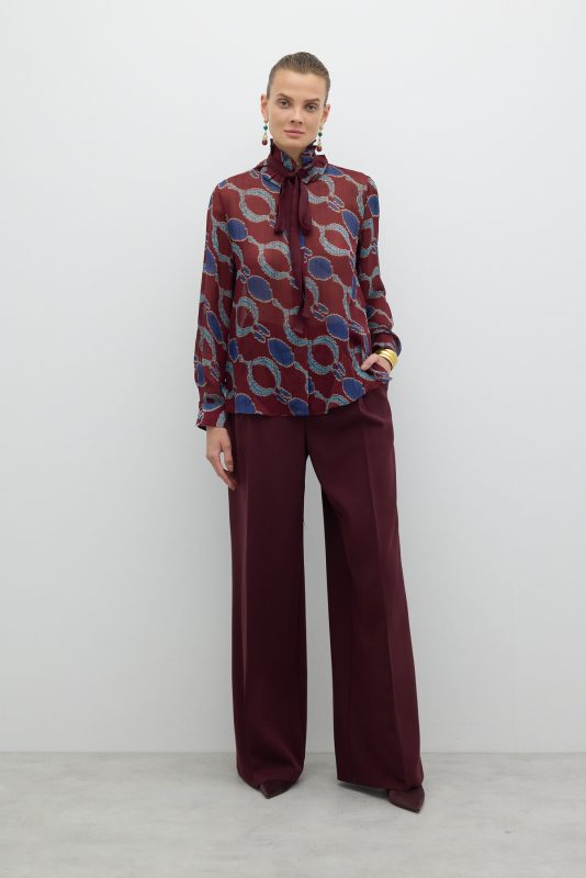 Bağcıklı Fırfır Yakalı Bluz Bordo-Lacivert - 5
