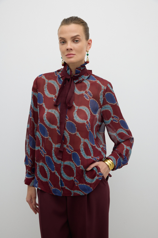Bağcıklı Fırfır Yakalı Bluz Bordo-Lacivert - 1