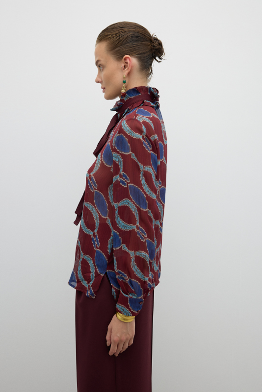 Bağcıklı Fırfır Yakalı Bluz Bordo-Lacivert - 3
