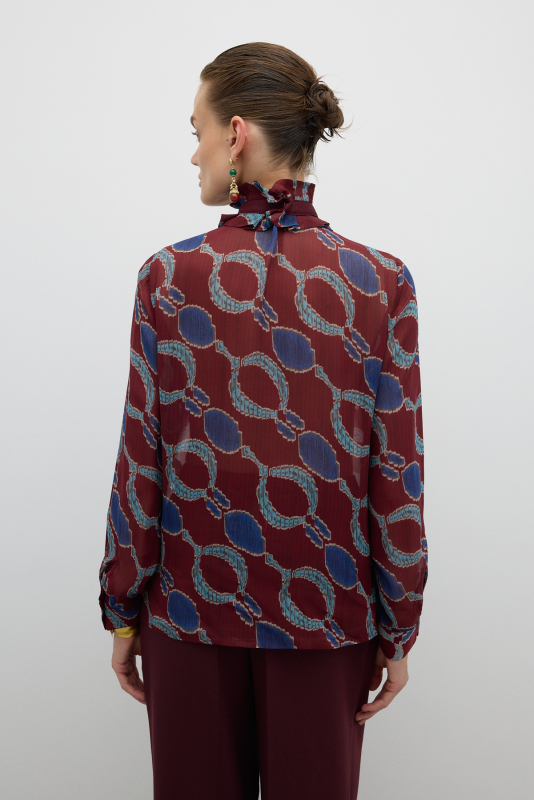 Bağcıklı Fırfır Yakalı Bluz Bordo-Lacivert - 2