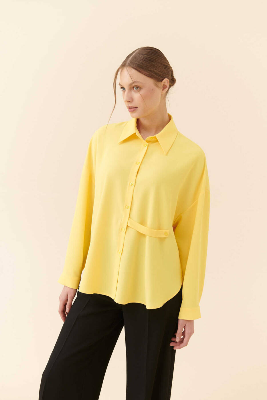  Bağlama Detaylı Krep Gömlek Sarı - 1