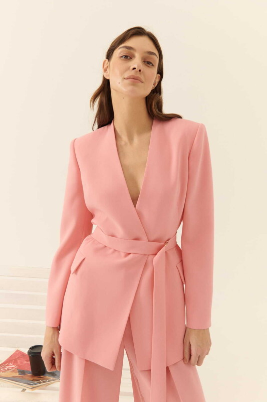  Bağlamalı Cut Out Detaylı Kruvaze Kadın Ceket Pembe 