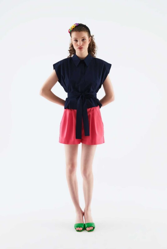 Bağlamalı Kolsuz Kadın Gömlek Lacivert - 3