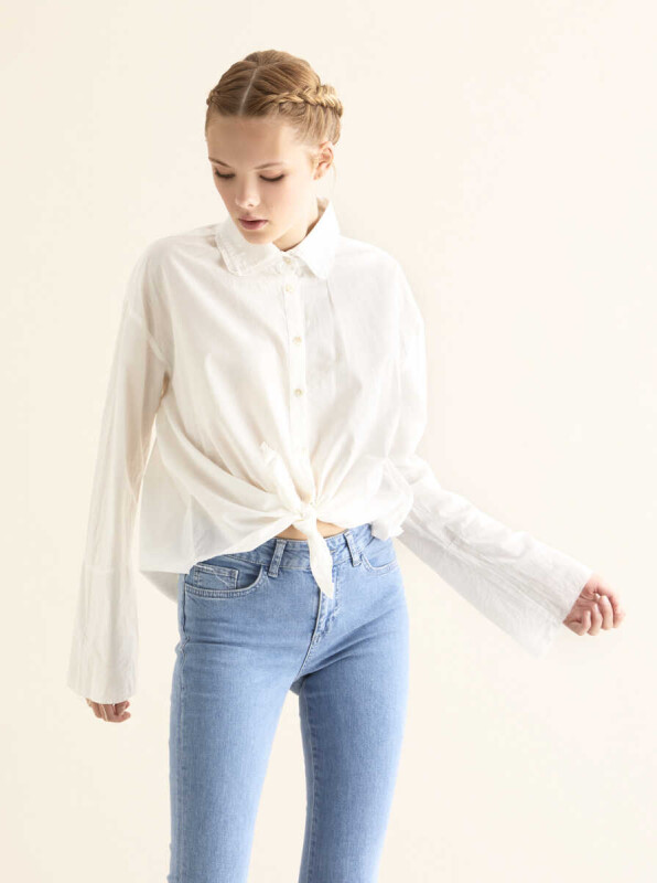 Bağlamalı ve Kolları Volanlı Gömlek Beyaz - 3