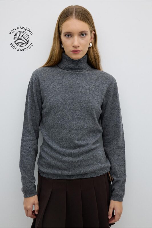 Balıkçı Yaka Triko Kazak Gri - Roman