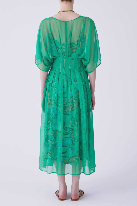 Balon Kol Organze Uzun Elbise Yeşil - 2