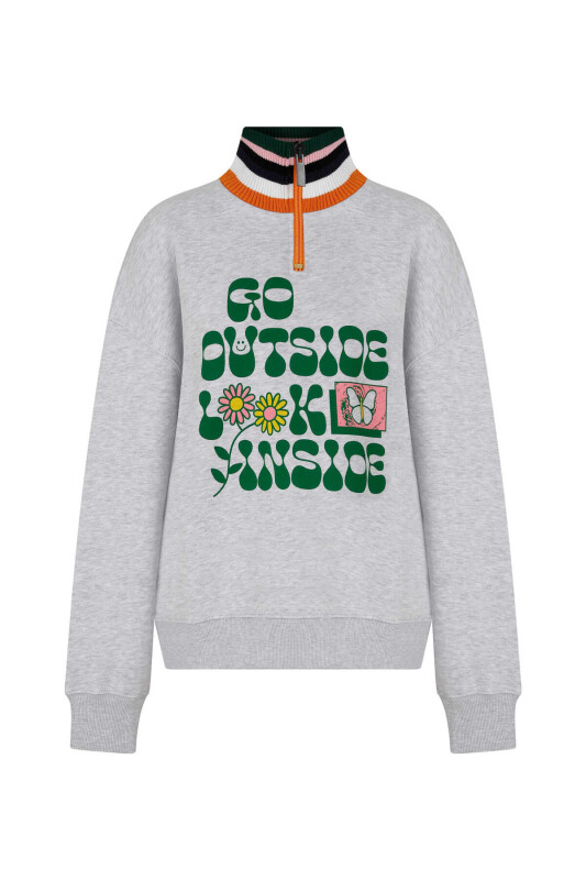  Baskılı Kadın Sweatshirt Açık Gri 