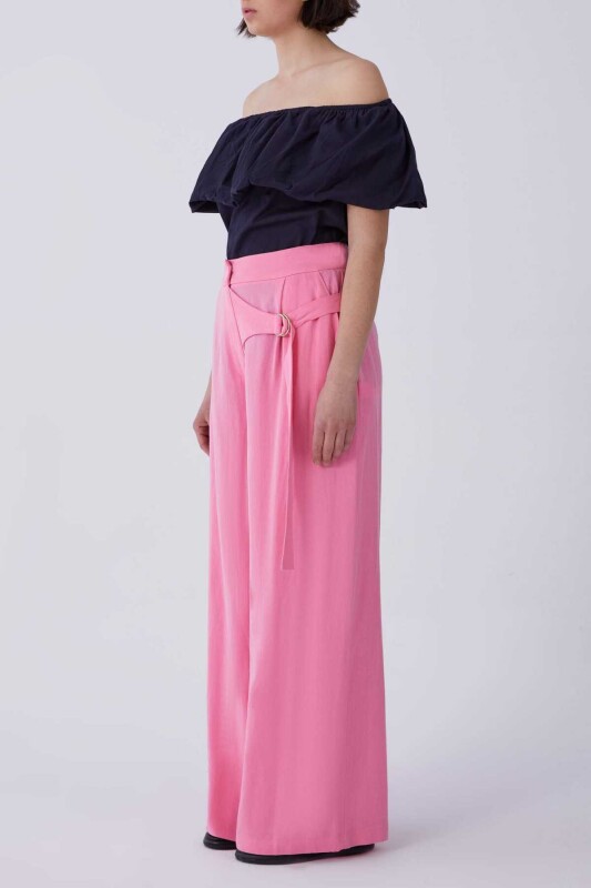 Bel Detaylı Bol Paça Kadın Pantolon Pembe - 3