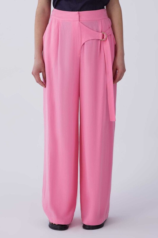 Bel Detaylı Bol Paça Kadın Pantolon Pembe - 1