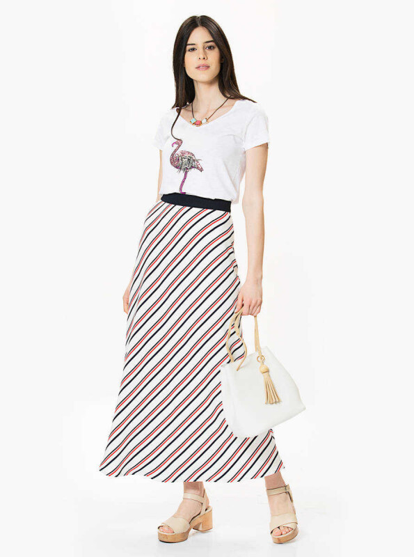 Bel Detaylı Çizgili Renkli Uzun Etek Orginal - 1