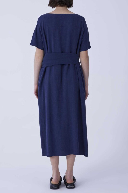 Bel Detaylı Midi Elbise Lacivert - 2
